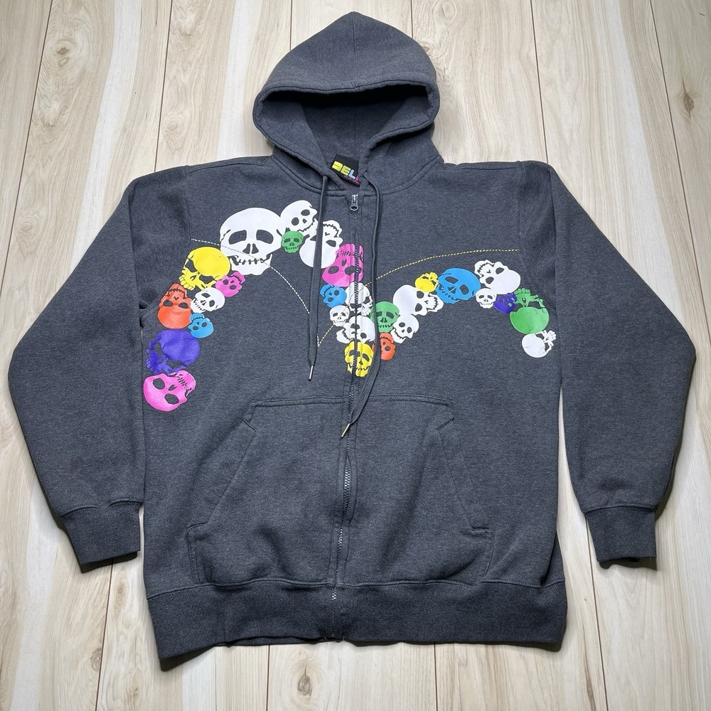 VTG DELF Skull Print Full Zip Hoodie Men's Size XL/2XL Sweater Gray Pockets